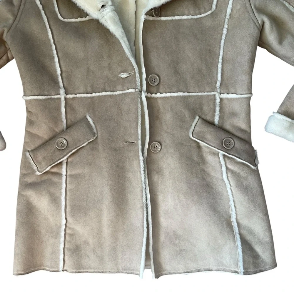 VINTAGE 90s Cream Faux Suede & Fur Hooded Coat Size Large - Picture 9 of 15